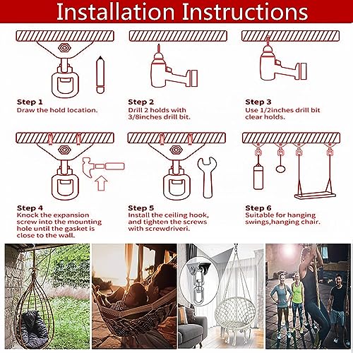 Hammock Hanging Kit - 1200 LB Capacity Heavy Duty 360° Rotating | ,Outdoor Patio Porch Swing Hardware Punching Bag Swivel Hanger,Ceiling Hook for Concrete Wood Swing, Yoga, Gym