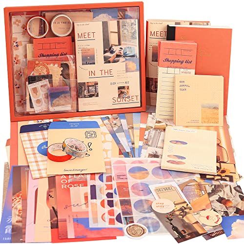 emmoolife 348 Pcs Scrapbooking Supplies Kit, Vintage Aesthetic Scrapbook Kit for Bullet Junk Journal, Stationery, A6 Grid Notebook, DIY Journaling Supplies, Birthday Craft Gift for Teen Girl Women - color: Sunset