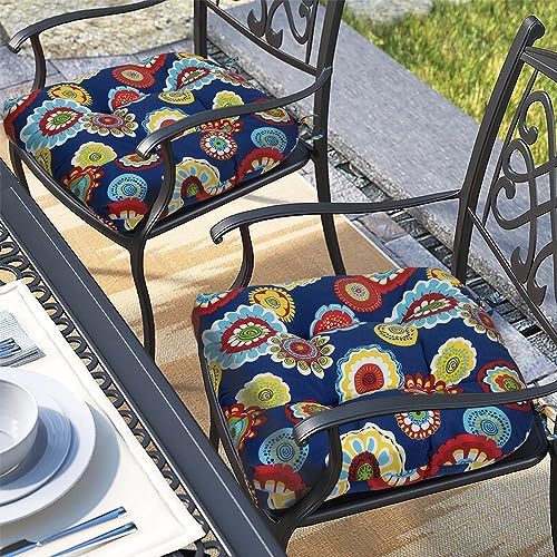 Magpie Fabrics Outdoor/Indoor Tufted Seat Cushion with Ties Set of 2, 19"x19" Waterproof Patio Chair Pads Tatami for Room Garden Balcony Office Decor(Floral Navy) - color: Floral Navy
