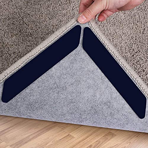 16 Pcs Rug Tape, Dual Sided Washable Removable Prevent Curling Rug Corner Holder, Keep Rug in Place Non Slip Adhesive Rug Stopper for Hardwood Floors and Tile - color: Midnight Black