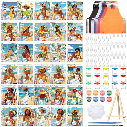 Sherr 285 Pcs 30 Sets Sip and Paint Kit for Adults,Summer | Pre Drawn Canvas to Paint for Adults, Acrylic Paints, Brushes, Easels, Date Night, Birthday Party Gifts - style: Summer