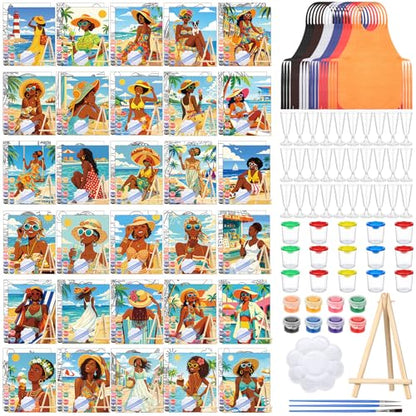 Sherr 285 Pcs 30 Sets Sip and Paint Kit for Adults,Summer | Pre Drawn Canvas to Paint for Adults, Acrylic Paints, Brushes, Easels, Date Night, Birthday Party Gifts - style: Summer