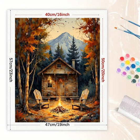 Cozy Cabin Paint by Numbers Kit for Adults - DIY Wooden Cottage with Campfire and Mountain View Painting on Canvas 16x20 Inches, Acrylic Paint Set for Beginners, Art for Home Decoration or Gifts - color: HSX00743, size: 16X20IN Folded