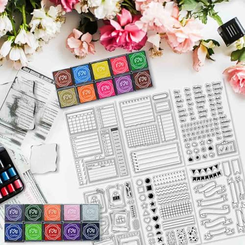 29 Pcs Journal Stamps for Crafting Card Making Supplies Set | 3 Acrylic Clear Stamp Blocks, 6 Clear Silicone Stamps Seals, 20 Craft Ink Pads Calendar Planner Stamp for DIY - style: 29Pcs Planner Clear Stamps