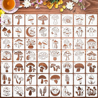 Augshy 56Pack Mushroom Stencils for Painting Moon Flowers Wall Decor 3 Inch | Reusable Plastic, Wall Floor Rock DIY Art Projects, Painting Stencils for Walls, Mushroom Wall Stencil Template - style: Mushroom