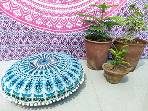 INDIAN CRAFT CASTLE 24" Green Peacock Mandala Barmeri Large Floor Pillow Cover Cushion Meditation Seating Ottoman Throw Cover Hippie Decorative Zipped Bohemian Pouf Ottoman Pom Pom Cases 24" Round - color: Green and White, style: 24 Inch Round