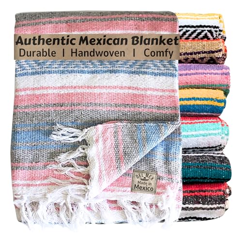 Del Mex Classic Mexican Blanket, Large Authentic Woven Falsa Throw (70"x50"), Artisan Southwest Décor for Beach, Yoga, Outdoors (Light Pink/Blue) - color: Light Pink/Blue
