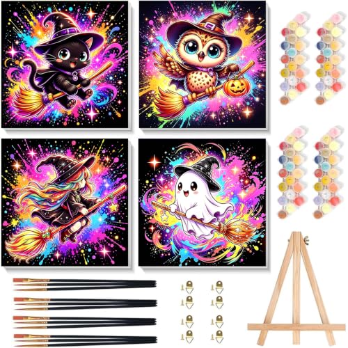 Arttoplus 4 Pack Paint by Numbers Kit for Kids with Frame Halloween 8x8in | Cute Halloween Kids Paint by Numbers Ages 4-8-12 with Wooden Easel, Easy Oil Painting by Number for Gift Home Wall Decor - color: BKH2734+BKH2735+BKH2736+BKH2737-US