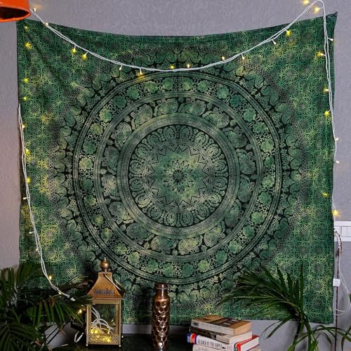 Craft Trade Indian Cotton Mandala Wall Hanging Tapestry for Aesthetic Boho Hippie Living Room, Meditation & Bedroom Décor - Green - 50x60 Inches - color: Green, size: 50"L x 60"W