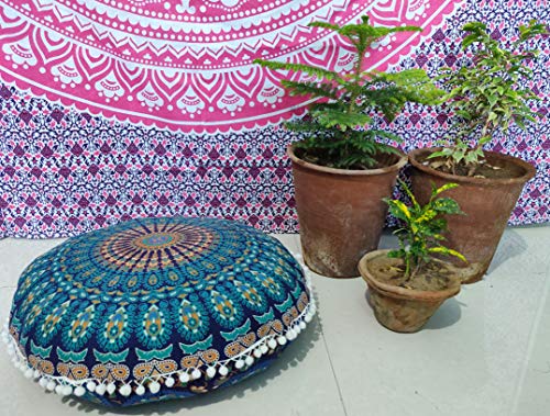 INDIAN CRAFT CASTLE 24" Blue Peacock Mandala Barmeri Large Floor Pillow Cover Cushion Meditation Seating Ottoman Throw Cover Hippie Decorative Zipped Bohemian Pouf Ottoman Pom Pom Cases 24" Round - color: Green, style: 24 Inch Round