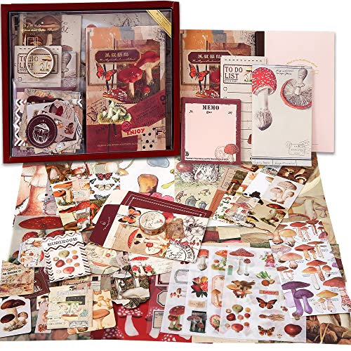 emmoolife Scrapbooking Supplies Kit, Vintage Mushroom Aesthetic Scrapbook Kit for Bullet Junk Journal, Stationery, A6 Grid Notebook, DIY Journaling Supplies, Birthday Craft Gift for Teen Girl Women - color: Mushroom