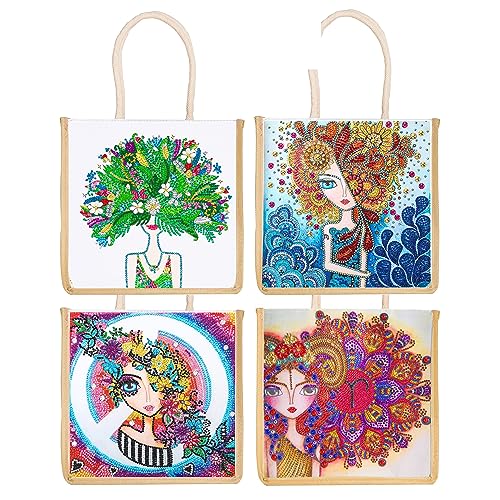 DOOSAI 4 Pack Green-Hair Red-High-Heels Diamond Painting Dots Art Kits Canvas Tote Bags Boho 5D DIY Handbags Handmade Gifts Reusable Shopping Bags with Handles for Women Adults Work - color: 4 Pack Green-Hair Girl Red-High-Heels