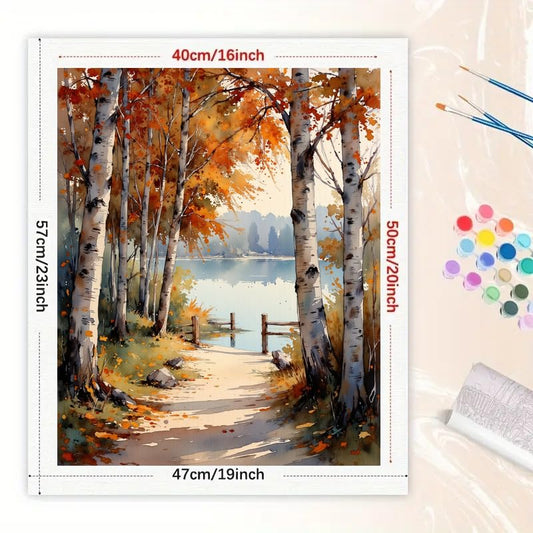 Lakeside Fall Foliage Paint by Numbers Kit for Adults - DIY Birch Trees and Lakeside Trail Painting on Canvas 16x20 Inches, Acrylic Paint Set, Suitable for Beginners, Art for Home Decoration or Gifts - color: TCXY06100, size: 16X20IN Folded