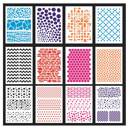 Geometric Stencils for Painting 12 Sheets 21x29cm PET Templates – Reusable Geometric and Pattern Designs for Journals, Scrapbooking, Canvas Art, Card Making and DIY Crafts - style: JS-Shape