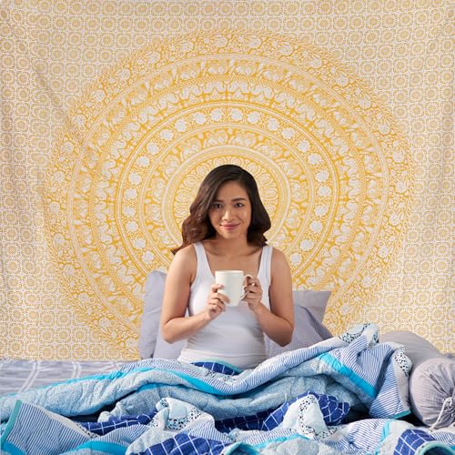 Craft Trade Cotton Mandala Wall Hanging Tapestry, 30x40 Inch Yellow Bohemian Hippie Art, Indian Handcrafted Small Poster Size for Bedroom, Dorm, Window Decor & Aesthetic Zen Room - color: Yellow, size: 30"L x 40"W