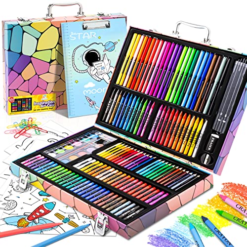 Art Supplies, 180 Pack Art Drawing Coloring Kit for Kids Girls Boys Teens | with Drawing Clipboard, Coloring Papers, Drawing Papers, Oil Pastels, Crayons, Colored Pencils, Watercolors Cakes, Markers - color: Fantasy Geometry