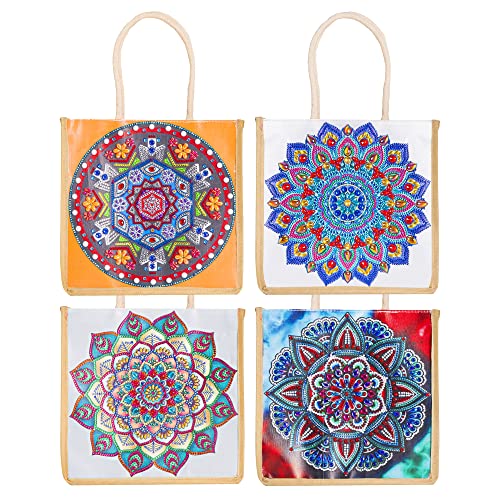 DOOSAI Diamond Painting Canvas Tote Bags 4 Pack Boho Diamond Dots Art Kits Shoulder Bags 5D DIY Handbags Handmade Gifts Reusable Shopping Bags with Handles for Women Adults Work (Mandala Flowers) - color: 4 Pack Mandala Flowers