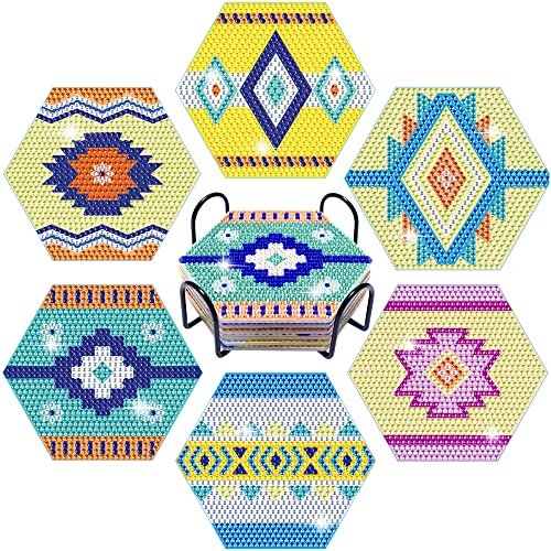 Vcekract 6 Pcs Hexagon Diamond Art Coasters Kit for Adults | Diamond Painting Coasters with Holder & Protective Backing, Diamond Art Adult Crafts for Table Home Decoration - color: Boho Coasters