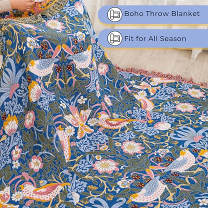 Boho Cotton Muslin Twin Size Bed Throws Blue&Yellow 60"×80" - color: Bird&florals, size: 60''x80''