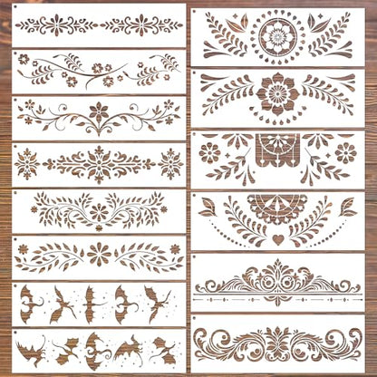 Keluna Border Stencils for Painting - 14 Pcs Reusable Mexican Talavera Flower Crafts Templates Floral Leaf Dragon Stencils for Painting on Wood Wall DIY Art Craft Canvas Fabric Home Décor - style: talavera