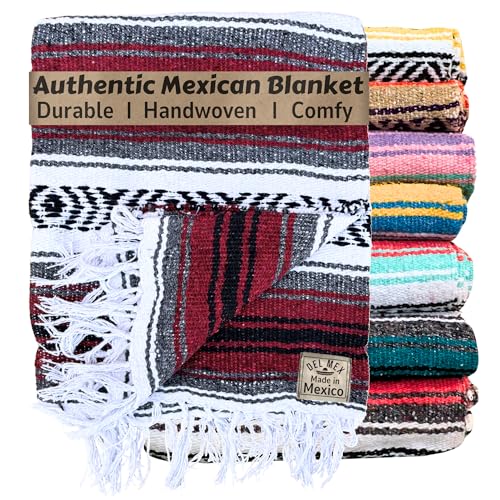 Del Mex Classic Mexican Blanket, Large Authentic Woven Falsa Throw (70"x50"), Artisan Southwest Décor for Beach, Yoga, Outdoors (Burgundy) - color: Burgundy