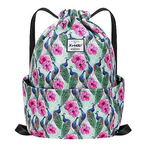 XEYOU Drawstring Backpack Bag Sport Gym Sackpack Beach Cinch Bag | Lightweight Swimming Bag, Water-Resistant Fabric, Travel Daypack for Women and Men - color: Peacock Pattern