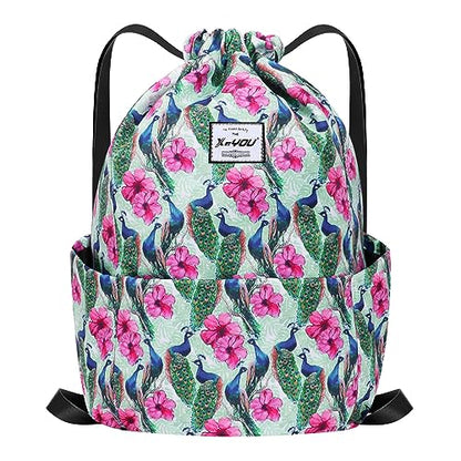 XEYOU Drawstring Backpack Bag Sport Gym Sackpack Beach Cinch Bag | Lightweight Swimming Bag, Water-Resistant Fabric, Travel Daypack for Women and Men - color: Peacock Pattern