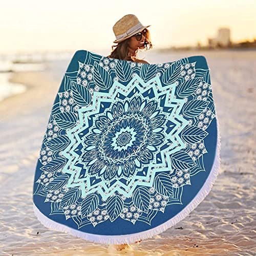 RosieLily Round Mandala Beach Towel, Microfiber Hippie Boho Extra Large Sand Proof Quick Dry Beach Blanket, Circle Pool Picnic Table Mediation Yoga Mat, 59 inch Towel with Tassels Gifts for Women - color: Blue Mandala Beach Towel 02