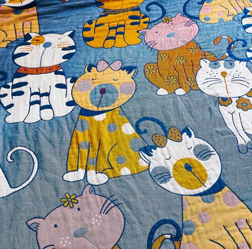 MEJU Kitty Cats Kids Child Muslin Blanket Throw Reversible Cover for Bed Sofa Couch, 100% Combed Cotton 4 Layer Soft Warm Quick Dry Throw Blanket Bed Coverlet Quilt Sheet Blue Twin 60 in x 80 in - color: Cats Blue, size: Twin 60 in x 80 in