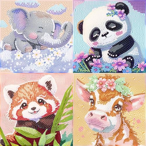 PERFECTSIGHT Cute 5D Diamond Art Kits, Kawaii DIY Painting Art for Adults Teen, 4 Pack Diamond Arts and Crafts Sets, Big Gem Full Drill Diamond Dots for Women (Elephant+Panda+Red Panda+Cow) - style: Elephant+Panda+Red Panda+Cow