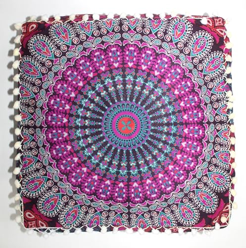 CK 40.6x40.6x12.7cm(16x16x5인치) 정사각형 바닥 쿠션 커버, 핑크 공작 만다라 푸프 커버, 면 오토만 베개 커버, 거실, 침실 및 요가용 보헤미안 장식 명상 바닥 베개 커버(커버만 해당) - color: 핑크, size: 16"D x 16"W x 5"H