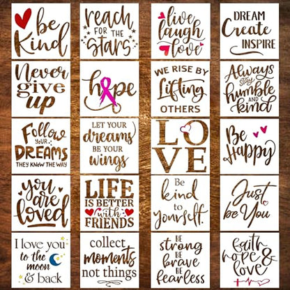 20 Piece Inspiration Word Stencil Set - Stencils for Painting on Wood, Canvas, Fabric and More – Stencils for Crafts Reusable with Paint, Drawing, Farmhouse Signs, Wood Burning - 6 Inch