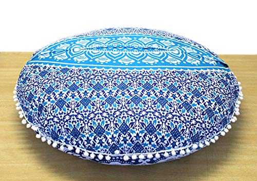 CRAFT KALA 32" Large Round Bohemian Floor Pillow Cover Boho Pouf Cover Mandala Meditation Room Pillows Cover Adults Seating Poufs Cushion Cover for Kids Reading Playroom Blue Ombre - color: Blue Ombre