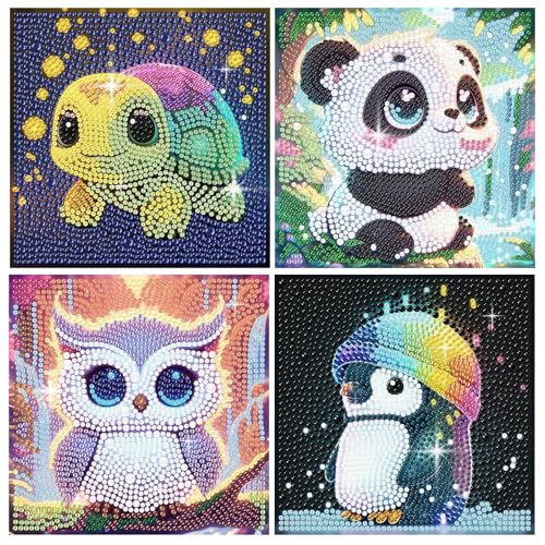 PERFECTSIGHT Cute 5D Diamond Art Kits, Kawaii DIY Painting Art for Adults Teen, 4 Pack Diamond Arts and Crafts Sets, Big Gem Full Drill Diamond Dots for Women (Turtle+Panda+Owl+Penguin) - style: Turtle+Panda+Owl+Penguin