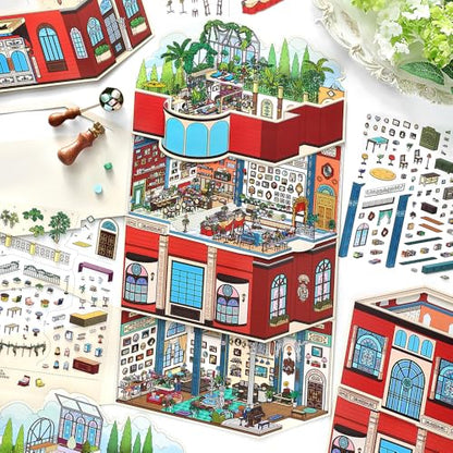4PCS Foldable 3D Sticker Scene Book for Adults & Teens, DIY Isometric House Scenes, Large Build-Your-Own Room Sticker Set, Relaxing Sticker Therapy Art Kit - style: Rome Hotel