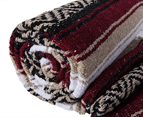 Genuine Mexican Handwoven Blanket, Premium Large Heavyweight Falsa Blanket, Serape & Yoga Blanket | Beach Blanket | Throw Blanket | Picnic Blanket (Large Heavy, Burgandy and Beige) - color: Burgandy and Beige Heavy