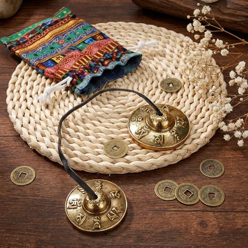 Foraineam Tingsha Cymbals Meditation Chime Bells, 2.5 Inch Brass Tibetan Tingsha Bells Relaxation Musical Instruments for Mindfulness, Chakra Healing, Stress Relief, Sound Awakening, Yoga Meditation