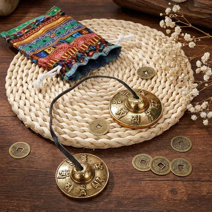 Foraineam Tingsha Cymbals Meditation Chime Bells, 2.5 Inch Brass Tibetan Tingsha Bells Relaxation Musical Instruments for Mindfulness, Chakra Healing, Stress Relief, Sound Awakening, Yoga Meditation