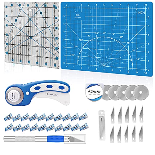 39 Pcs Rotary Cutter Set Blue - Quilting Kit incl. 45mm Fabric Cutter with 5 Extra Blades, A4 Cutting Mat, 2 Craft Knife Set, Quilting Ruler and Sewing Clips, Ideal for Crafting, Sewing, Patchworking - color: Blue, size: A4 Rotary Cutter Set