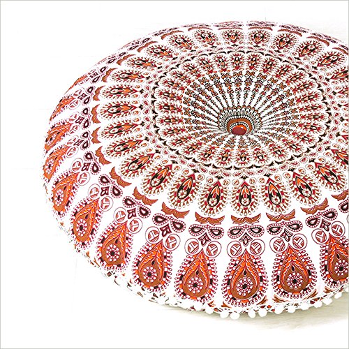 Mandala Floor Pillow Cover Meditation Cushion Seating Throw Hippie Round Colorful Decorative Bohemian Indian Pouf Ottoman Handmade Cover ONLY (N1 Orange, 32" x 32") - color: N1 Orange, size: 32" x 32" (Pack of 1)
