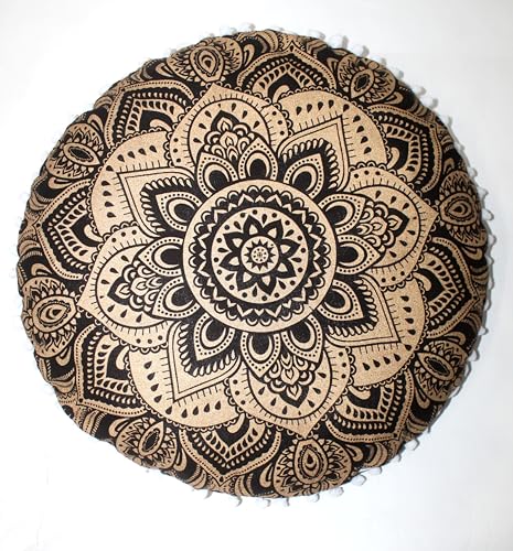 32" Black Gold Mandala Barmeri Large Floor Pillow Cover Cushion Meditation Seating Ottoman Throw Cover Hippie Decorative Zipped Bohemian Pouf Ottoman Poufs, Pom Pom Pillow Cases - size: 32" x 32" (Pack of 1), style: Bohemian