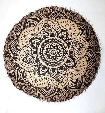 32" Black Gold Mandala Barmeri Large Floor Pillow Cover Cushion Meditation Seating Ottoman Throw Cover Hippie Decorative Zipped Bohemian Pouf Ottoman Poufs, Pom Pom Pillow Cases - size: 32" x 32" (Pack of 1), style: Bohemian