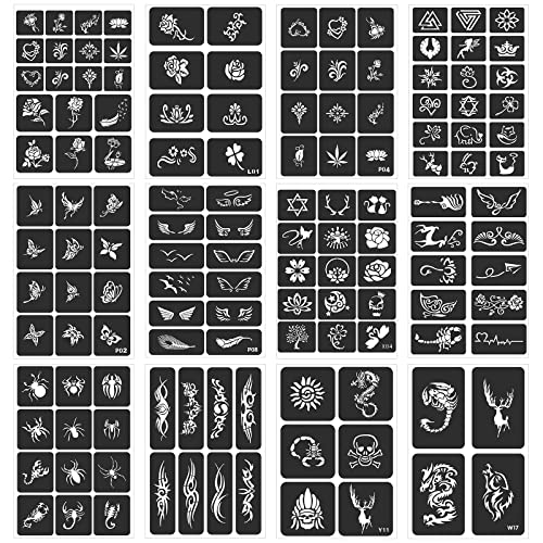 24 Sheets Henna Stencils for Kids Teens Adults | 400+ Reusable Tattoo Stencils, Glitter Tattoo Stencils For Face Hand Back