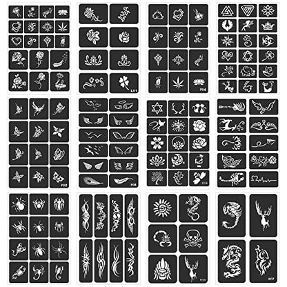 24 Sheets Henna Stencils for Kids Teens Adults | 400+ Reusable Tattoo Stencils, Glitter Tattoo Stencils For Face Hand Back