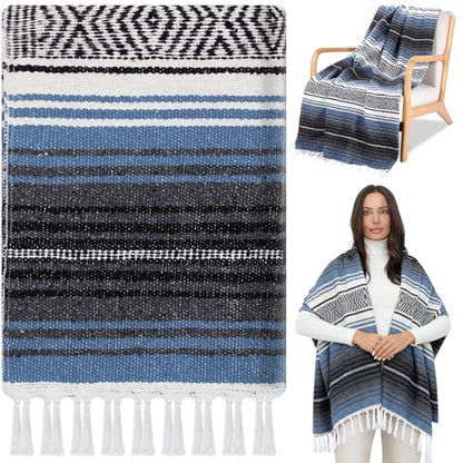 Oudain Mexican Blanket Woven Authentic Falsa Throw 45 x 70 Inch – Authentic Baja Serape Saddle Blanket Outdoor for Restorative Yoga, Beach, Picnic, Couch, Car Travel(Coastal Calm) - color: Coastal Calm