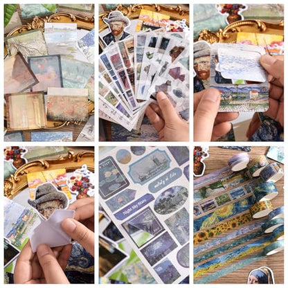 Scrapbooking Supplies Kit, Monet Van Gogh Oil Painting Theme Scrapbook Kit for Bullet Junk Journal, 12 Rolls Washi Tape, Stickers Papers for DIY Journaling Supplies, Craft Gift for Women Teenage - color: Oil painting