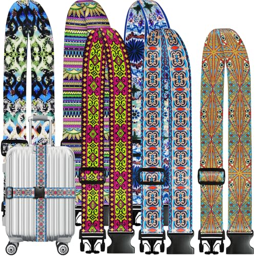 6 Pieces Luggage Straps Patterned Luggage Strap Suitcase Straps Luggage Belt Adjustable Travel Luggage Belt Strap with Quick Release Buckle, 2 inches Wide by 72 inches Long (Retro Stvle) - style: Retro Stvle