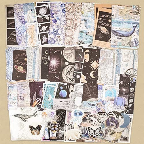 Knaid 200 Piece Vintage Ephemera Bundle - Paper & Sticker Kit for Junk Journaling, Scrapbooking, Planners, Bullet Journals, Collage, Decoupage - Black/Blue Tones - style: Black & Blue