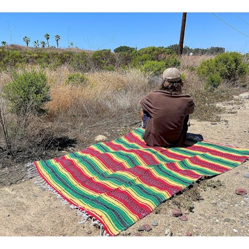 Open Road Goods Handmade Rasta or Hippie Blanket - Traditional Mexican Falsa Blanket in Rasta Colors
