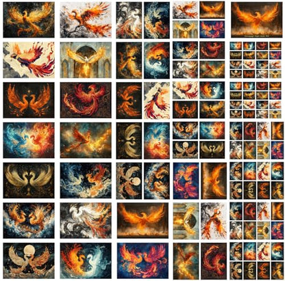 Decoupage Paper Pack (35 Sheets 6"x8") Phoenix Fire Ballet ~ Fiery phoenixes soar and Spiral in Brilliant Flame and ash Across Vivid Mythological Skies in Painterly Fantasy compositions - color: Five